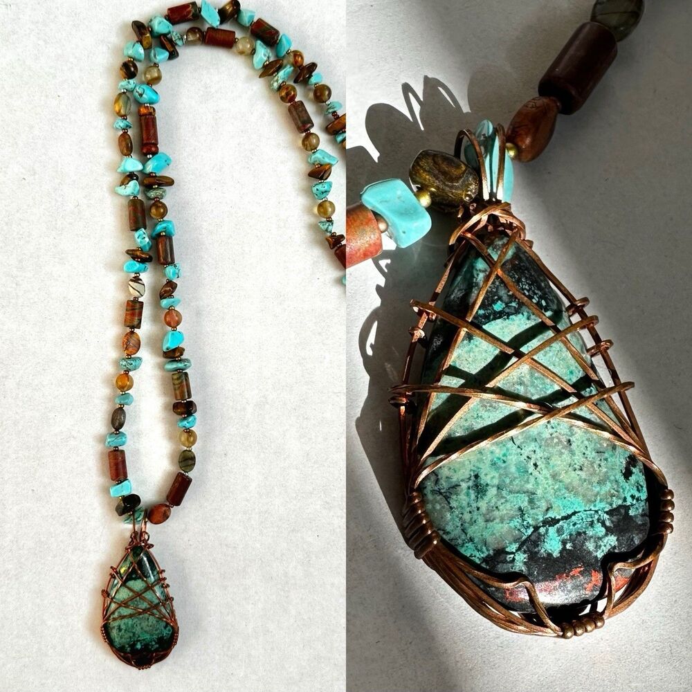 Natural Stone & Copper Pendant Necklace Handmade w Tigers Eye & Turquoise Beads